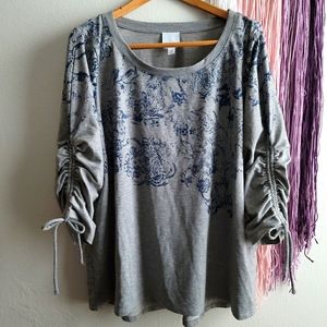 Floral Print Gray Long Sleeve Rib Knit Shirt.